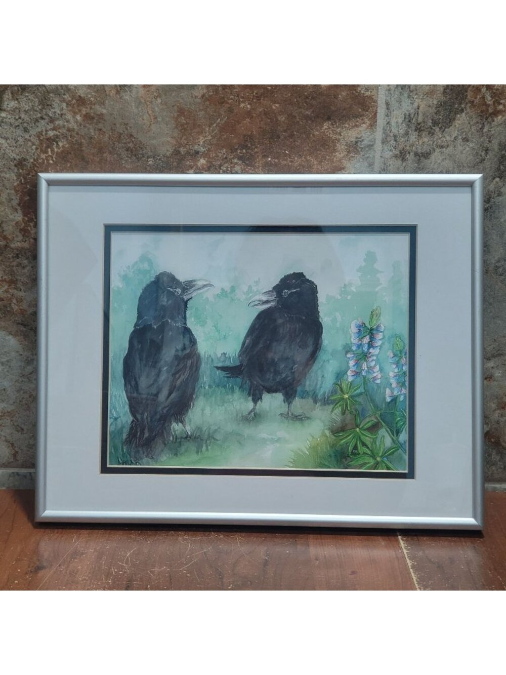 Framed Watercolor Art Print Ravens Blue Wildflowers Signed MarLynk